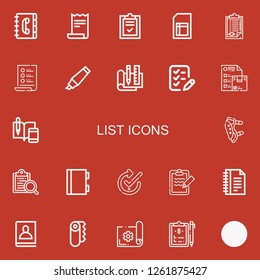Editable 22 list icons for web and mobile. Set of list included icons line Contact book, Receipt, List, Sheet, Clipboard, Highlighter, Plan, Wishlist, Notes on red background