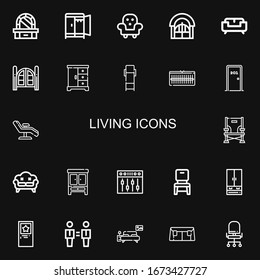 Editable 22 living icons for web and mobile. Set of living included icons line Dressing table, Wardrobe, Furniture, Door, Sofa, Doors, Closet, Lounge chair on black background