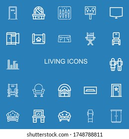 Editable 22 living icons for web and mobile. Set of living included icons line Door, Dressing table, Equalizer, Equality, Night stand, Wardrobe, House plan on blue background