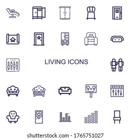 Editable 22 íconos vivos para web y móvil. Conjunto de vida incluido iconos línea Silla, Armario, Puerta, Plan de la Casa, Sillón, Sofá, Ecualizador, Igualdad, Muebles sobre fondo blanco