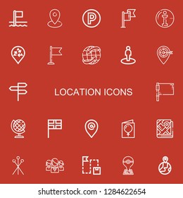 Editable 22 location icons for web and mobile. Set of location included icons line Flags, Location, Parking, Flag, Info, Placeholder, Worldwide, Directions, Earth globe on red background