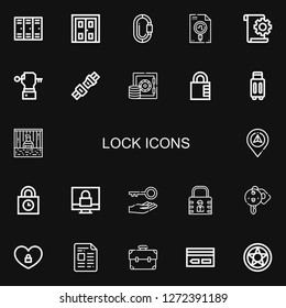 Editable 22 lock icons for web and mobile. Set of lock included icons line Lockers, Double door, Carabiner, File, Key, Seat belt, Safebox, Padlock, Suitcase on black background