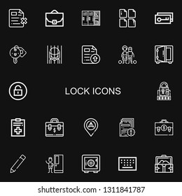 Editable 22 lock icons for web and mobile. Set of lock included icons line File, Case, Lockers, Key, Hotel key, Prison, Slavery, Safebox, Unlock, Password on black background