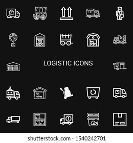 Editable 22 logistic icons for web and mobile. Set of logistic included icons line Delivery truck, Carriage, Side up, Lorry, Postman, Logistics, Warehouse on black background