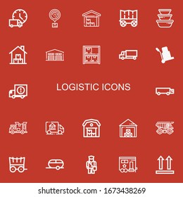 Editable 22 logistic icons for web and mobile. Set of logistic included icons line Delivery truck, Logistics, Warehouse, Carriage, Container, Stock, Logistic on red background