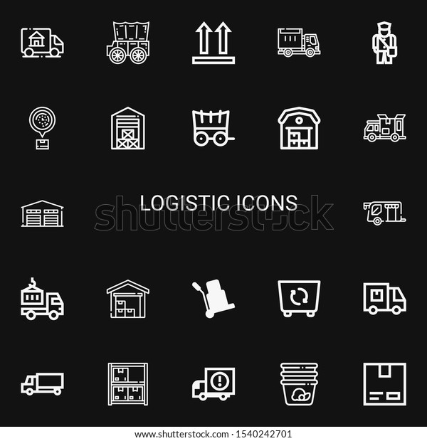 Editable 22\
logistic icons for web and mobile. Set of logistic included icons\
line Delivery truck, Carriage, Side up, Lorry, Postman, Logistics,\
Warehouse on black\
background