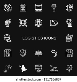 Editable 22 logistics icons for web and mobile. Set of logistics included icons line Planet earth, Warehouse, Conveyor, Logistics, Global, Globe, World, Package on black background