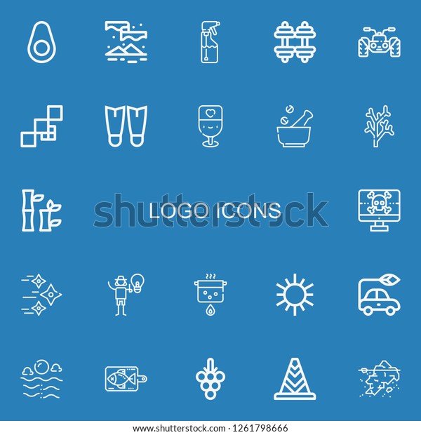 Editable 22 logo\
icons for web and mobile. Set of logo included icons line Avocado,\
Aurora, Spray, Dumbbell, Quad, Mosaic, Fins, Champagne, Mortar,\
Coral, Bamboo on blue\
background