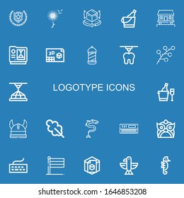 Editable 22 logotype icons for web and mobile. Set of logotype included icons line Emblem, Dandelion, d, Ice bucket, Cabin, Barbershop, Branch, Viking, Oak leaf on blue background