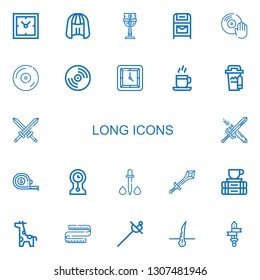 Editable 22 long icons for web and mobile. Set of long included icons line Clocks, Wig, Cup, Postbox, Vinyl, Wall clock, Coffee cup, Swords, Sword, Measuring tape on white background