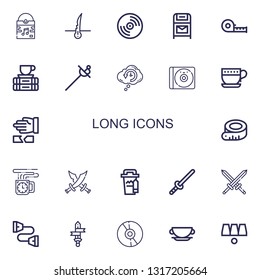 Editable 22 long icons for web and mobile. Set of long included icons line Vinyl, Hair, Postbox, Measuring tape, Break, Sword, Retrocognition, Cd, Cup, Martial arts on white background