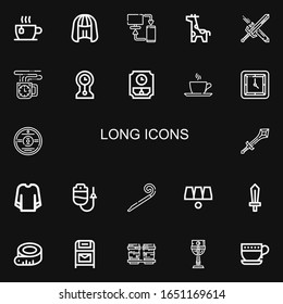 Editable 22 long icons for web and mobile. Set of long included icons line Cup, Wig, Sync, Giraffe, Sword, Coffee cup, Clocks, Wall clock, Cd, Sweatshirt, Dropper on black background