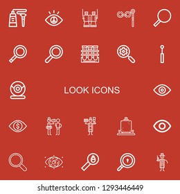 Editable 22 look icons for web and mobile. Set of look included icons line Tube, Vision, Binoculars, Magnifying glass, Search, Mirror, Webcam, View, Detective on red background