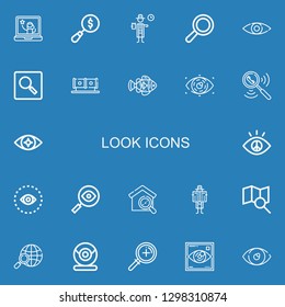 Editable 22 look icons for web and mobile. Set of look included icons line Youtuber, Magnifying glass, Detective, Search, View, Tube, Clown fish, Eye, Vision on blue background