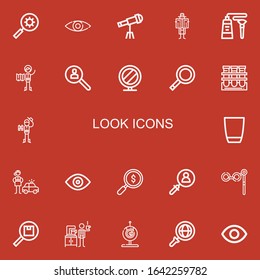 Editable 22 look icons for web and mobile. Set of look included icons line Search, View, Telescope, Detective, Tube, Explorer, Research, Mirror, Magnifying glass on red background