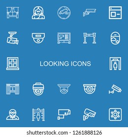 Editable 22 looking icons for web and mobile. Set of looking included icons line Window, Troglodyte, Cctv, Metal detector, Windows, Surveillance, Bodyguard on blue background