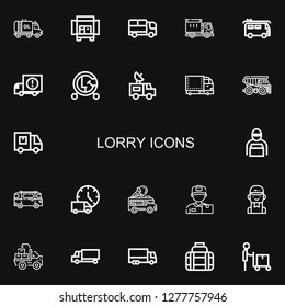 Editable 22 lorry icons for web and mobile. Set of lorry included icons line Truck, Lorry, Van, Delivery truck, Vehicle, Dumper, Delivery man, Minibus, Ice cream truck on black background