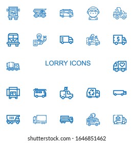 Editable 22 lorry icons for web and mobile. Set of lorry included icons line Delivery truck, Cargo truck, Minibus, Delivery man, Truck, Van, Ice cream on white background