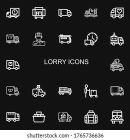 Editable 22 lorry icons for web and mobile. Set of lorry included icons line Delivery truck, Truck, Lorry, Delivery man, Van, Ice cream truck, Transport on black background