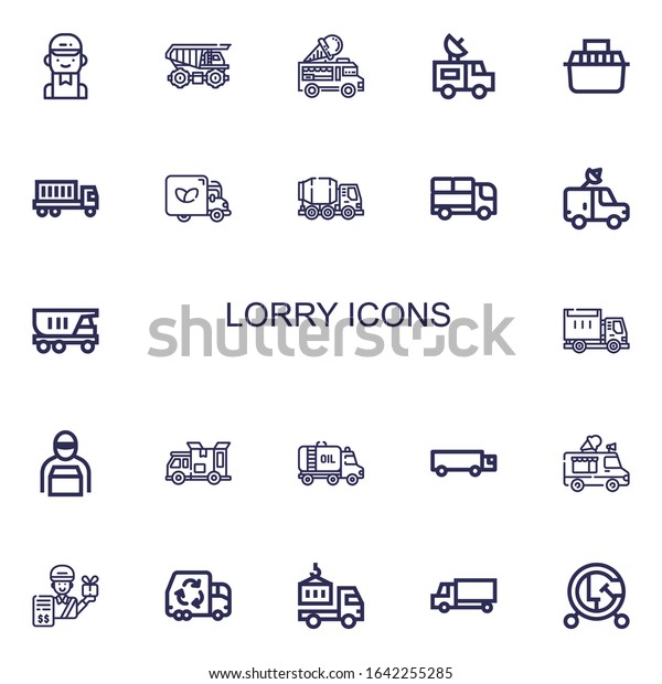 Editable 22 lorry\
icons for web and mobile. Set of lorry included icons line Delivery\
man, Cargo truck, Ice cream truck, Van, Transport, Truck, Concrete\
mixer on white\
background