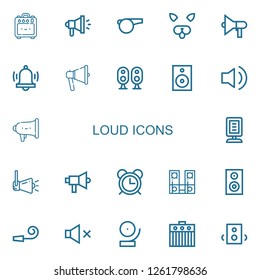 Editable 22 loud icons for web and mobile. Set of loud included icons line Amplifier, Megaphone, Whistle, Filter, Speaker, Alarm, Loudspeaker, Audio, Announcer on white background