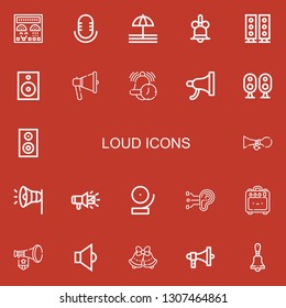 Editable 22 loud icons for web and mobile. Set of loud included icons line Control panel, Audio, Bell, Speakers, Speaker, Megaphone, Alarm, Loudspeaker, Horn on red background