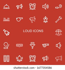 Editable 22 loud icons for web and mobile. Set of loud included icons line Bell, Megaphone, Alarm, Speaker, Party whistle, Whistle, Vuvuzela, Amplifier, Filter on red background