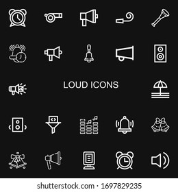 Editable 22 fuertes iconos para la web y el móvil. Conjunto de fuertes iconos incluidos línea Alarm, Silbato, Megáfono, silbato del partido, Vuvuzela, Campamento, Portavoz, Altavoces, Filtro sobre fondo negro