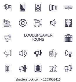 Editable 22 loudspeaker icons for web and mobile. Set of loudspeaker included icons line Megaphone, Announcer, Speaker, Fade buttons, Amplifier, Gramophone on white background