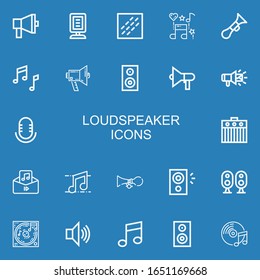 Editable 22 loudspeaker icons for web and mobile. Set of loudspeaker included icons line Megaphone, Announcer, Noise, Music, Horn, Woofer, Speaker, Audio, Amplifier on blue background
