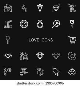 Editable 22 love icons for web and mobile. Set of love included icons line Donation, Mother, Bouquet, Diamond, Charity, Veterinarian, Help, Ring, Lollipop on black background