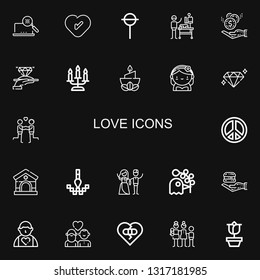 Editable 22 love icons for web and mobile. Set of love included icons line Pixel, Heart, Lollipop, Veterinarian, Donation, Diamond, Candle, Bride, Couple, Peace sign on black background