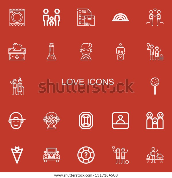 Editable 22 love icons
for web and mobile. Set of love included icons line Condoms,
Family, Wishlist, Rainbow, Couple, Donation, Potion, Boy, Candle,
Elderly on red
background
