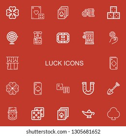 Editable 22 luck icons for web and mobile. Set of luck included icons line Clover, Dice, Playing cards, Casino chip, Roulette, Claw machine, Poker table, Slot machine on red background
