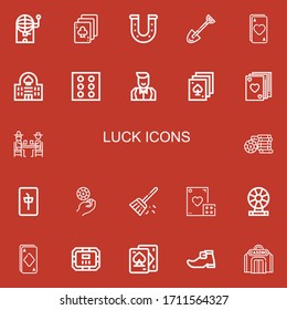 Editable 22 luck icons for web and mobile. Set of luck included icons line Bingo, Playing cards, Horseshoe, Spade, Ace, Casino, Dice, Croupier, Poker, Gamblers on red background