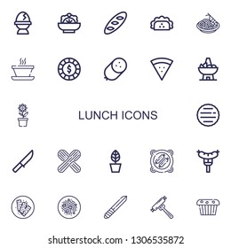 Editable 22 lunch icons for web and mobile. Set of lunch included icons line Egg, Salad, Bread, Taco, Pad thai, Soup, Chip, Sausage, Pizza, Bowl, Pot, Hamburger on white background