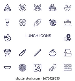 Editable 22 lunch icons for web and mobile. Set of lunch included icons line Pizza, Chocolate bar, Lunch, Ice cream truck, Bowl, Spatula, Sandwich, Sausage on white background