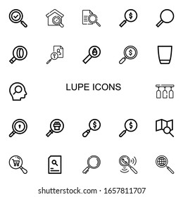 Editable 22 lupe icons for web and mobile. Set of lupe included icons line Search, Searching, Magnifying glass, Glass, Magnifier on white background