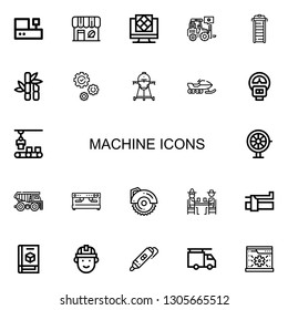 Editable 22 machine icons for web and mobile. Set of machine included icons line Cashbox, Coffee shop, Artificial intelligence, Loader, Treadmill, Sugar cane on white background