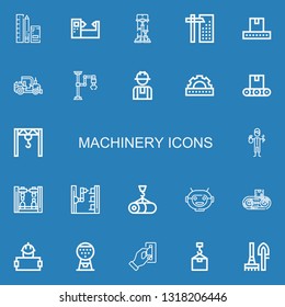 Editable 22 machinery icons for web and mobile. Set of machinery included icons line Tools, Machine, Robotics, Crane, Conveyor, Tractor, Industrial robot, Worker on blue background