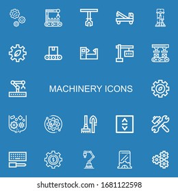 Editable 22 iconos de maquinaria para la web y móvil. Conjunto de máquinas incluidas las líneas de íconos Gear, brazo Robot, brazo Robótico, Grúa, Robótica, CogWheel, Conveyor, Máquina sobre fondo azul