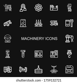 Editable 22 machinery icons for web and mobile. Set of machinery included icons line d printing, Pulley, Gear, Machine, Mechanical arm, Crane, Setup, Conveyor on black background