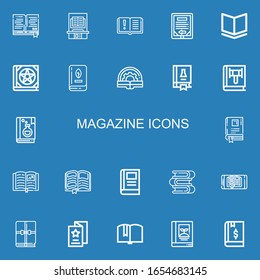 Editable 22 magazine icons for web and mobile. Set of magazine included icons line Book, Ebook, Science book, Books, Flyer on blue background