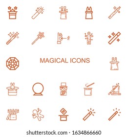 Editable 22 magical icons for web and mobile. Set of magical included icons line Magic, Magic wand, Wand, Voodoo, Pagan, Crystal ball, Magician on white background