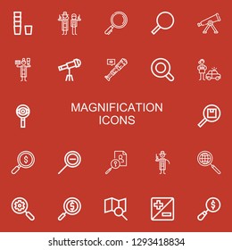 Editable 22 magnification icons for web and mobile. Set of magnification included icons line Glass, Detective, Search, Magnifying glass, Telescope, Zoom out on red background