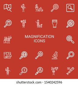 Editable 22 magnification icons for web and mobile. Set of magnification included icons line Search, Detective, Magnifying glass, Glass, Crank arm, Microscope on red background