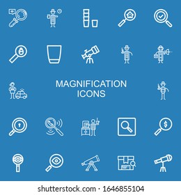 Editable 22 magnification icons for web and mobile. Set of magnification included icons line Magnifying, Detective, Glass, Search, Telescope on blue background
