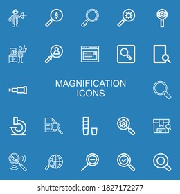 Editable 22 magnification icons for web and mobile. Set of magnification included icons line Detective, Search, Telescope, Magnifier, Microscope, Searching on blue background