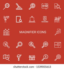 Editable 22 magnifier icons for web and mobile. Set of magnifier included icons line Zoom out, Control, Magnifying glass, Review, Searching, Detective, Search on red background