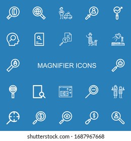 Editable 22 magnifier icons for web and mobile. Set of magnifier included icons line Search, Searching, Detective, Research, Study, Screen, Zoom out, Magnifying glass on blue background